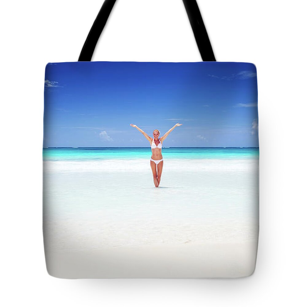 Adult Tote Bag featuring the photograph Happy woman on the beach by Anna Om