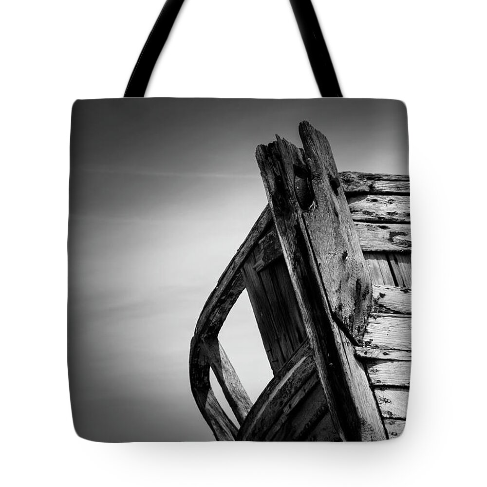 Dungeness Tote Bag featuring the photograph Old Abandoned Boat Landscape BW by Rick Deacon