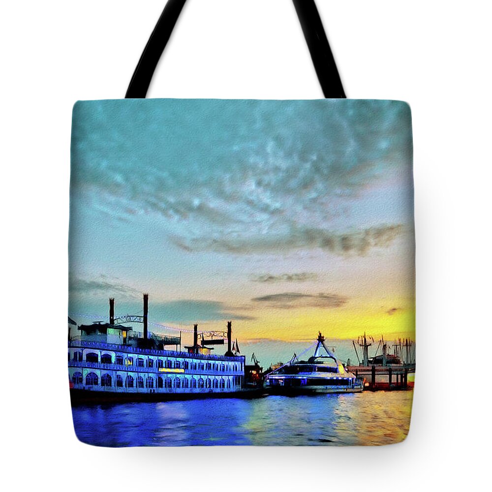 Aquamarine Tote Bag featuring the digital art View from the water around the river Alster and Elbe, waterfront and warehouse district in Hamburg #8 by Gina Koch