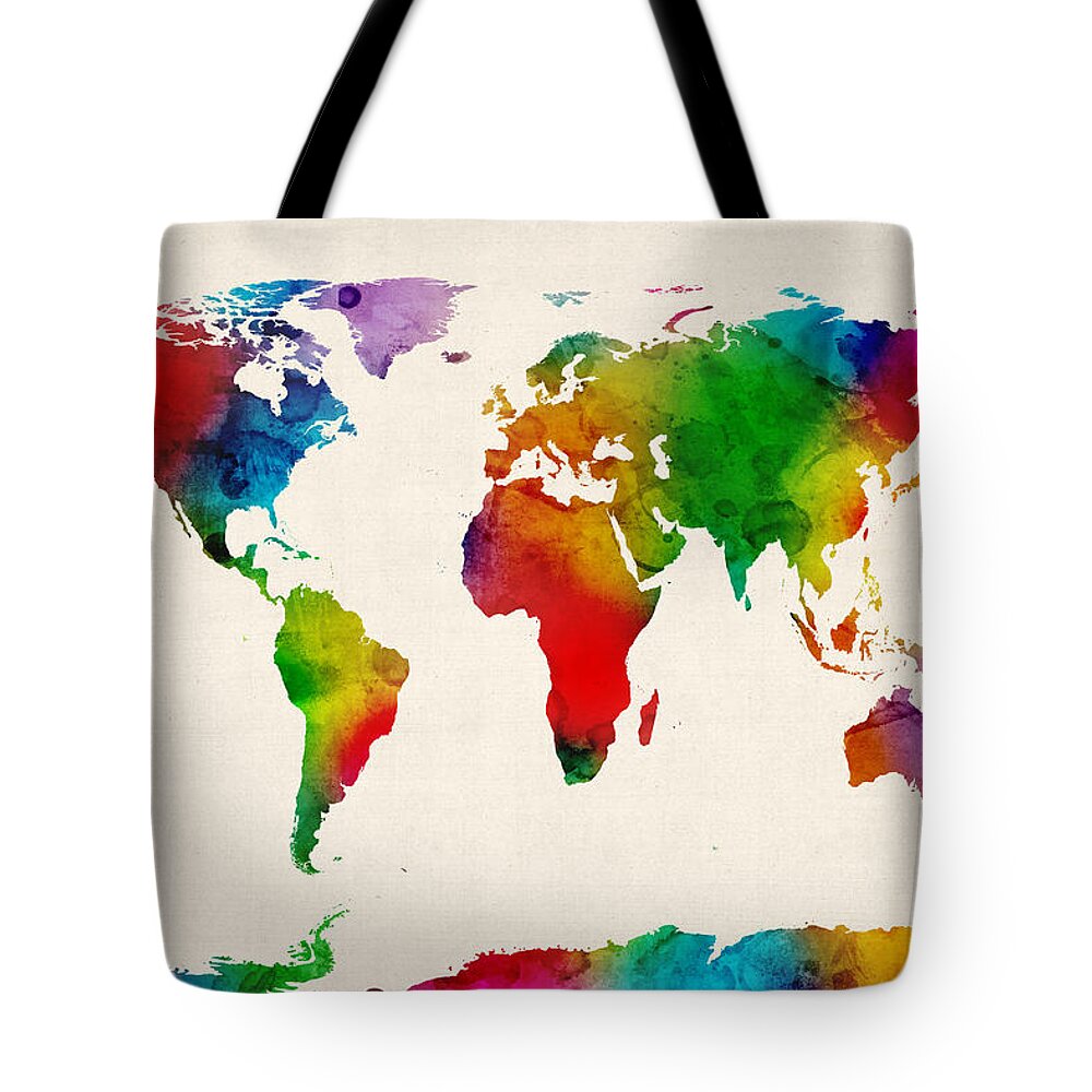 World Map Tote Bag featuring the digital art Watercolor Map of the World Map by Michael Tompsett