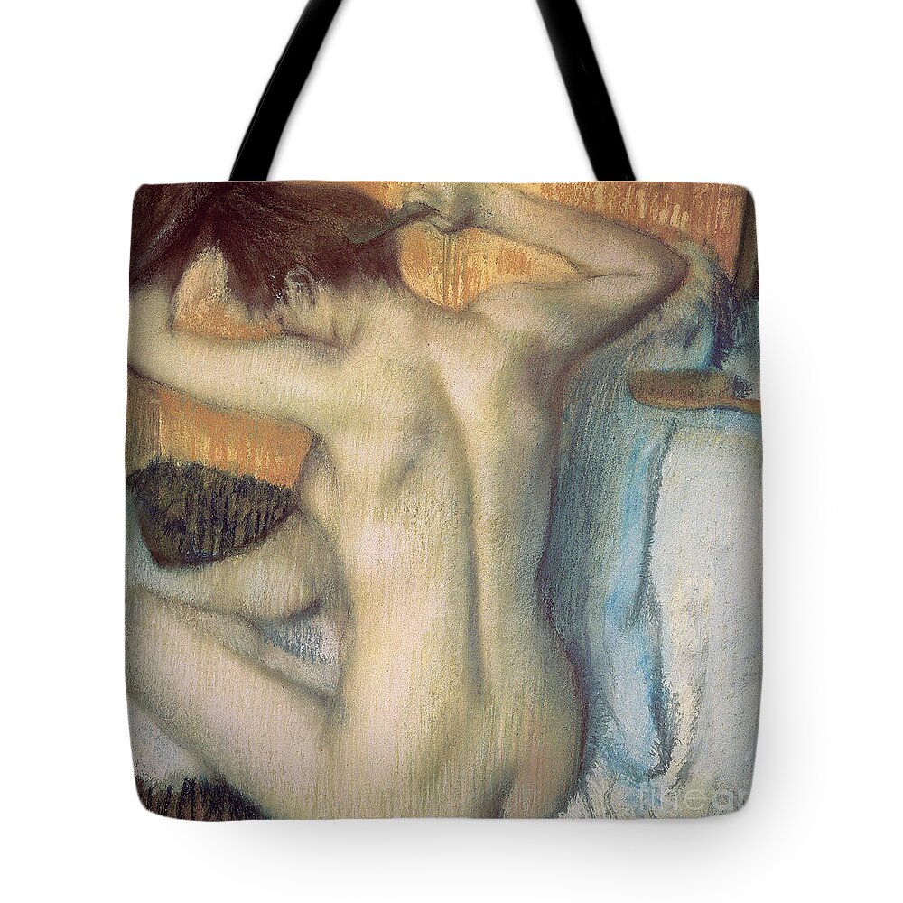 Nude Tote Bag featuring the painting Woman combing her hair by Edgar Degas