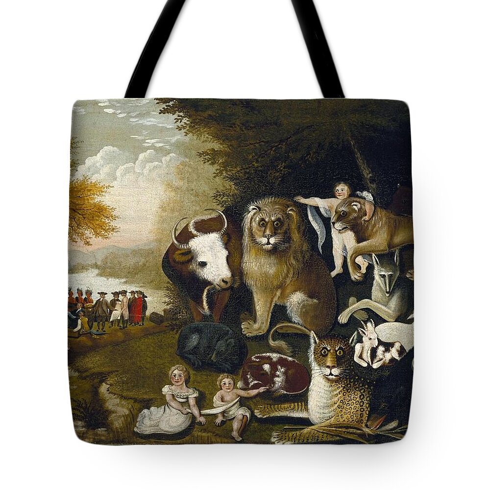 Edward Hicks (american Tote Bag featuring the painting The Peaceable Kingdom by MotionAge Designs