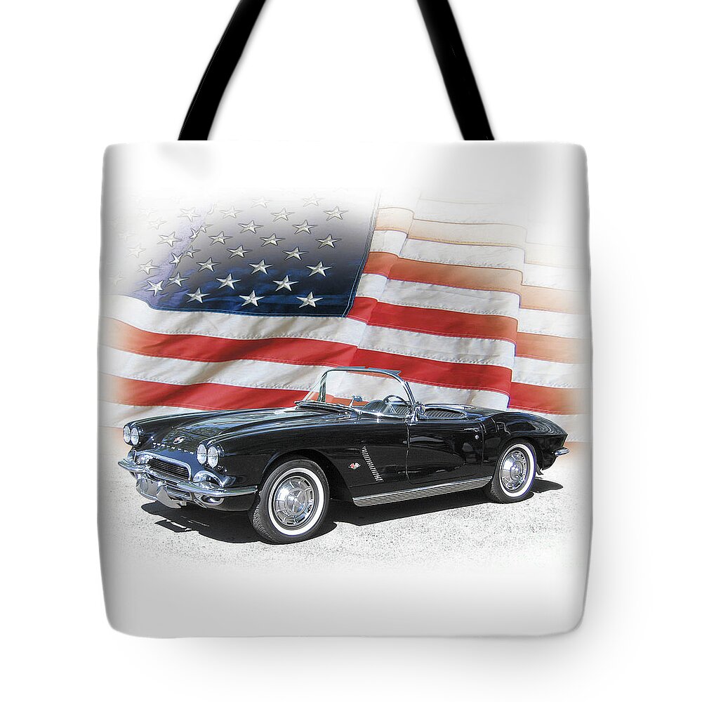 Corvette Tote Bag featuring the photograph 1962 Chevy Corvette and American Flag by Ron Long