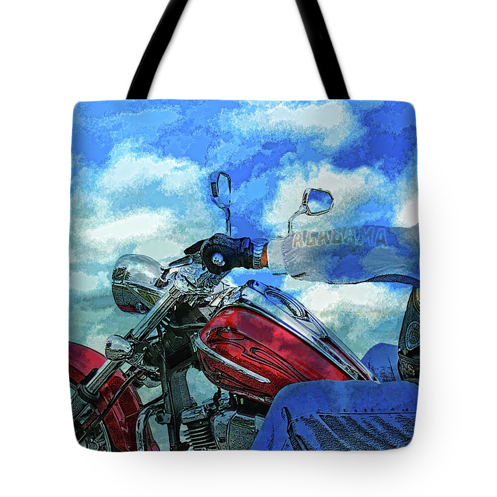 Motorcycle Tote Bag featuring the mixed media A Bikers Euphoric Journey by Lesa Fine