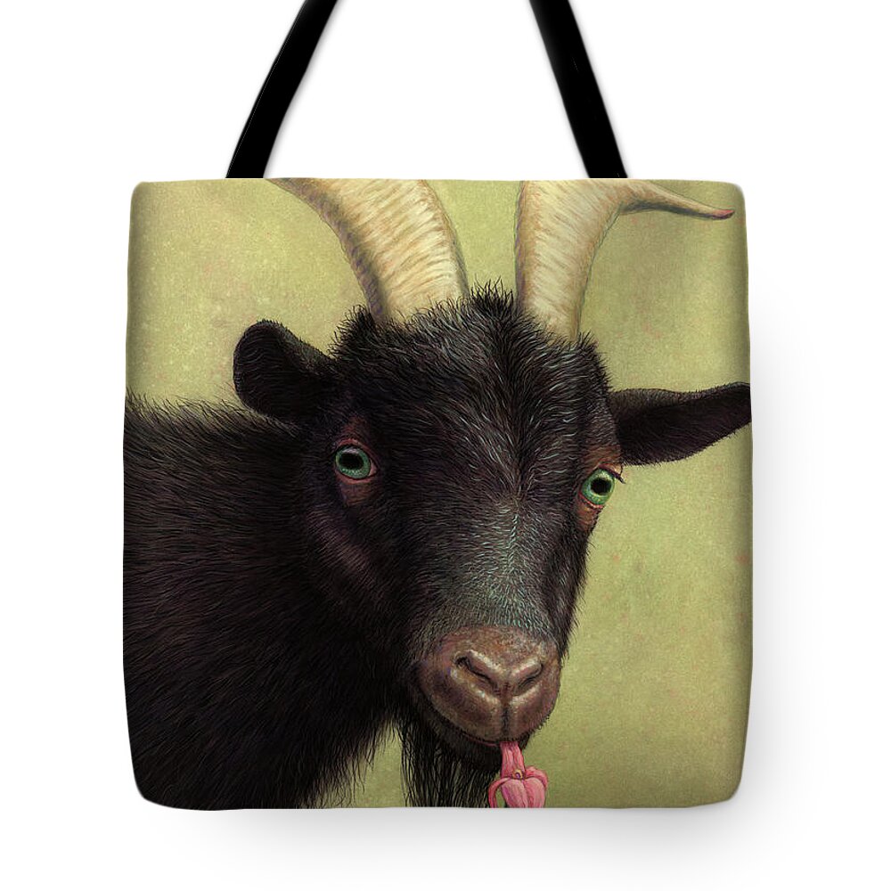 Black Goat Tote Bag featuring the painting A Black Goat enjoying a Pink Flower by James W Johnson