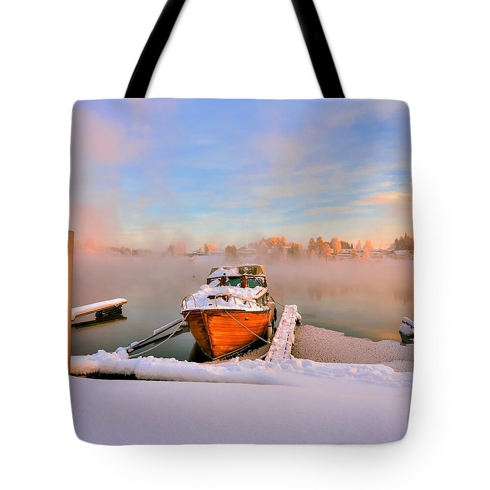 Landscape Tote Bag featuring the photograph Boat on frozen lake by Rose-Maries Pictures