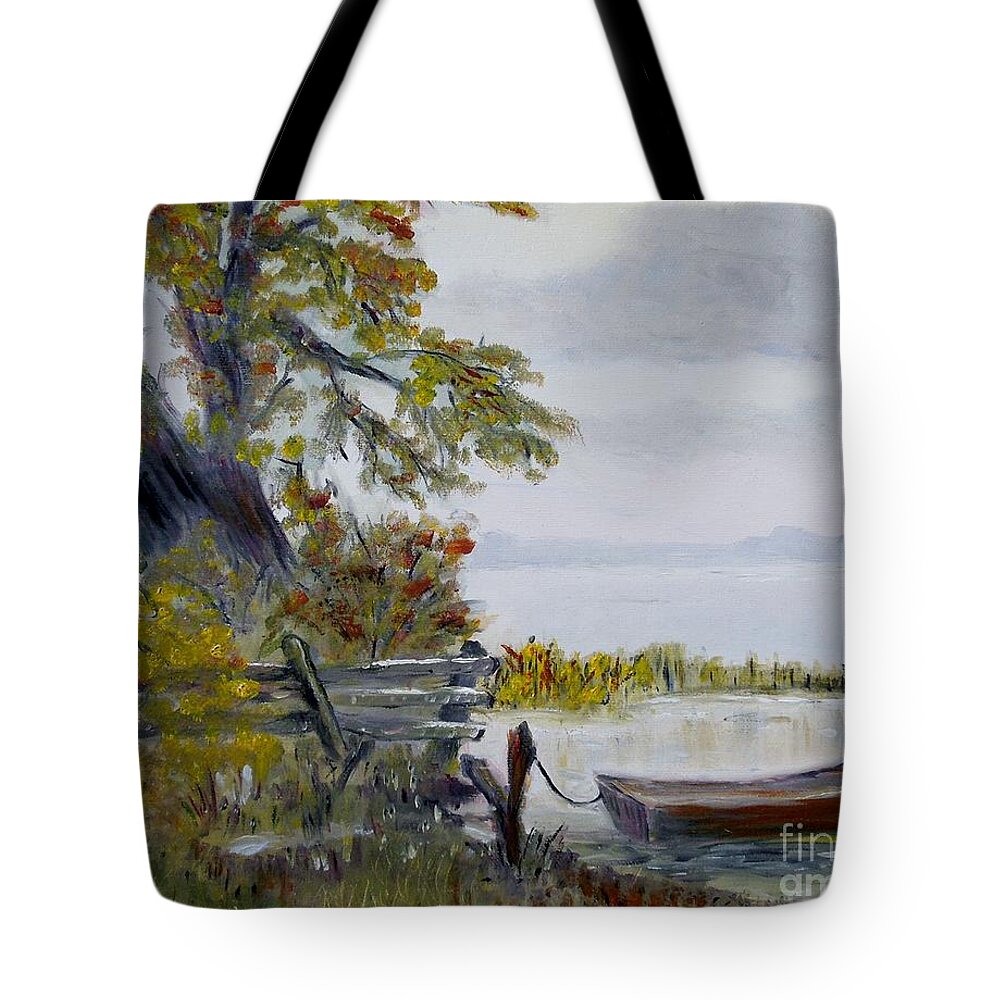 Boat Tote Bag featuring the painting A boat waiting by Marilyn McNish