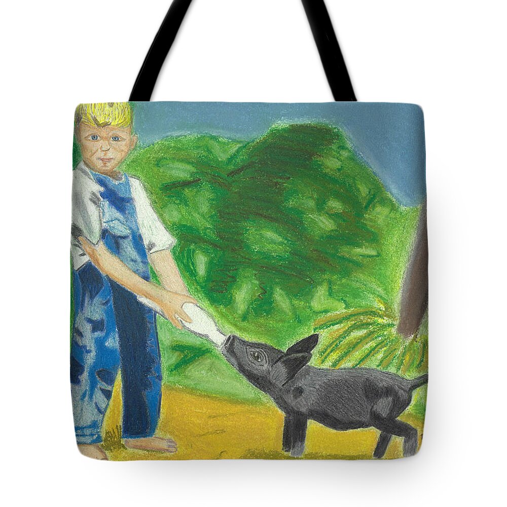 Boy Tote Bag featuring the drawing A Boy and his Pig by Ali Baucom