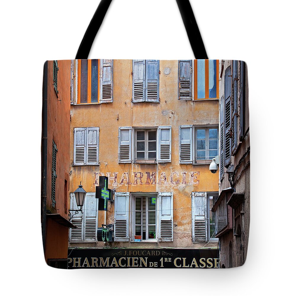 Pharmacy Tote Bag featuring the photograph A Case of the Shutters - Pharmacy in Grasse, France by Denise Strahm