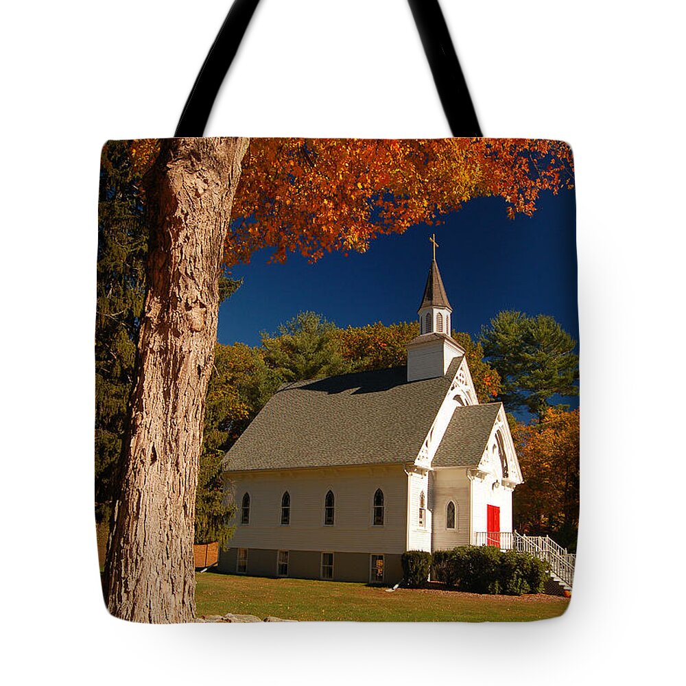 Sharon Tote Bag featuring the photograph A Chapel in Autimn by James Kirkikis