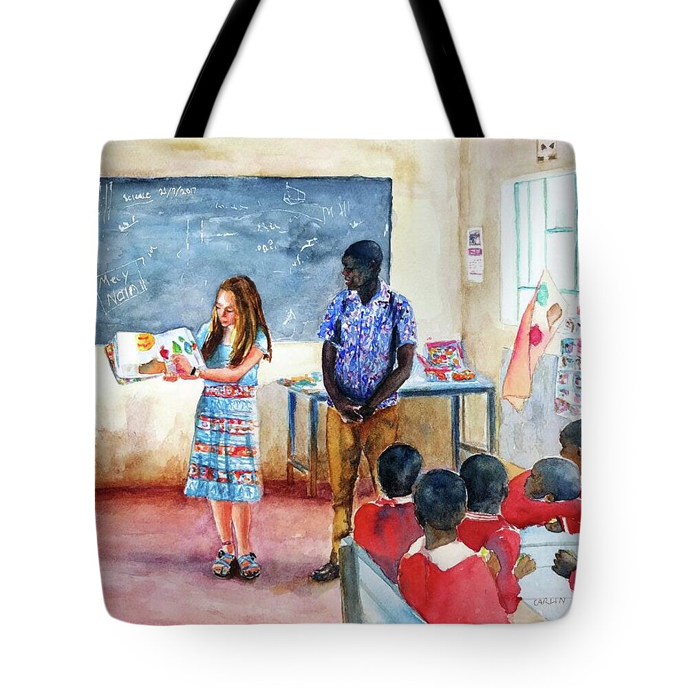African Village Classroom Tote Bag featuring the painting A Classroom in Africa by Carlin Blahnik CarlinArtWatercolor