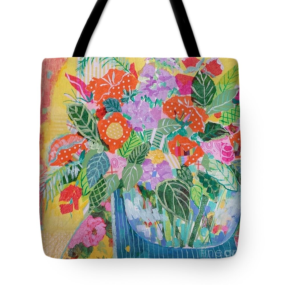 Collage Tote Bag featuring the mixed media A Colorful Still Life by Rosemary Aubut