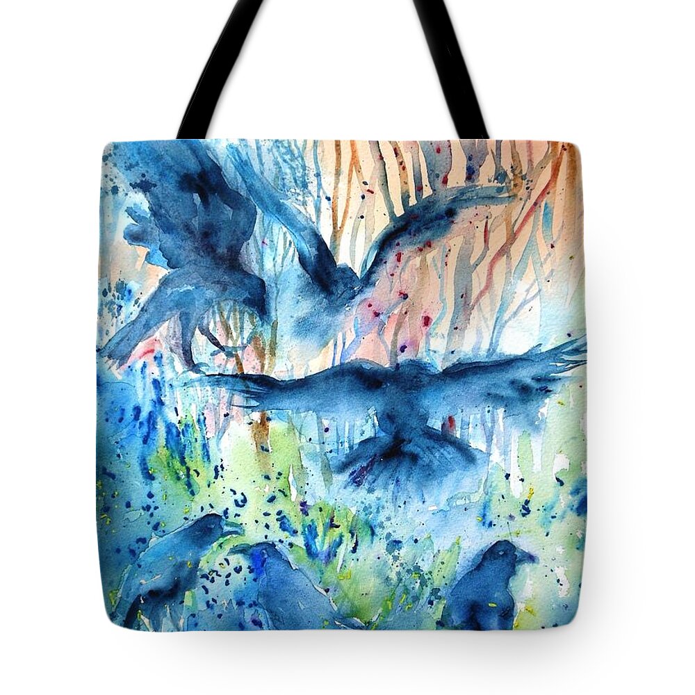 Raven Tote Bag featuring the painting A Conspiracy of Ravens by Trudi Doyle