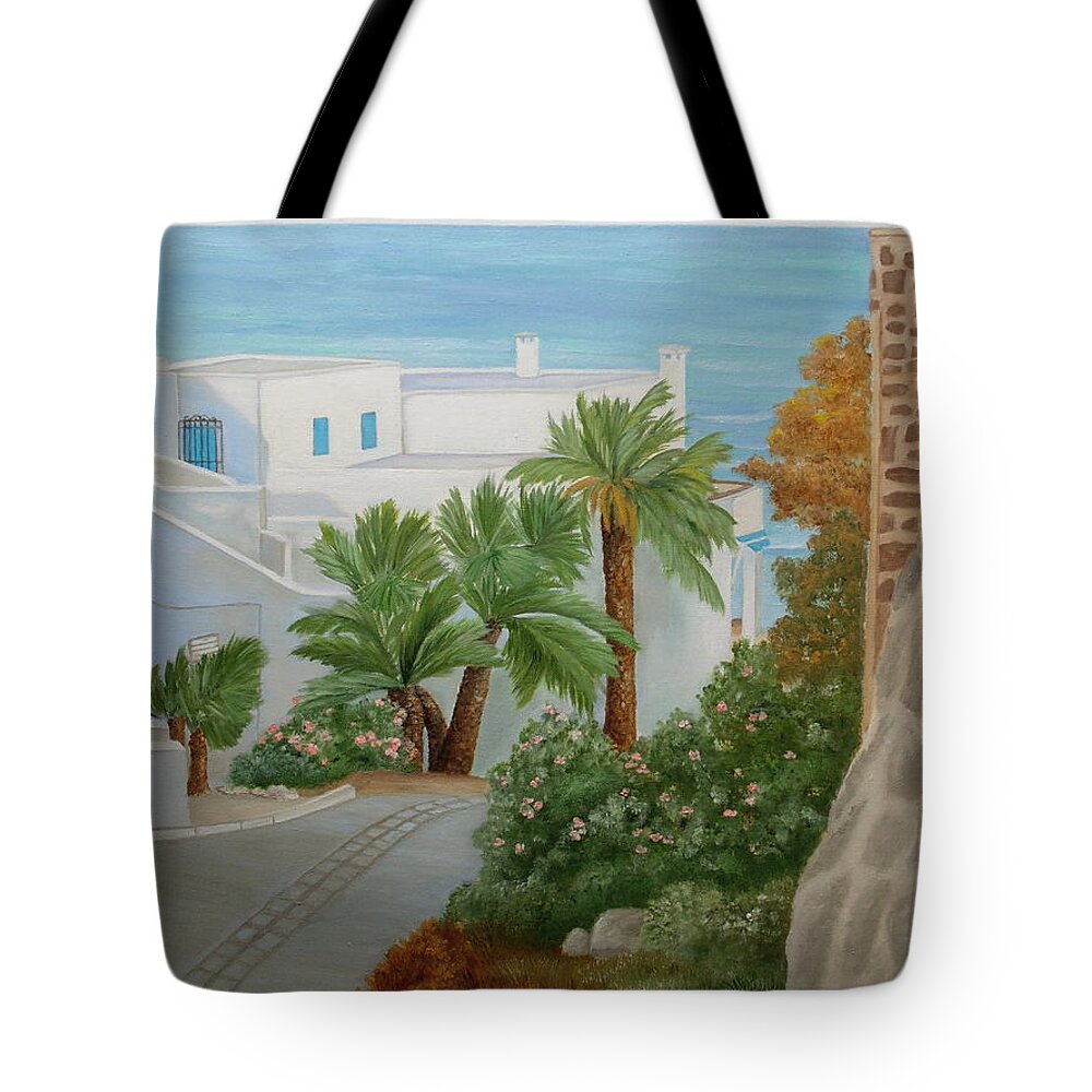 Beach Tote Bag featuring the painting A Corner In San Jose by Angeles M Pomata