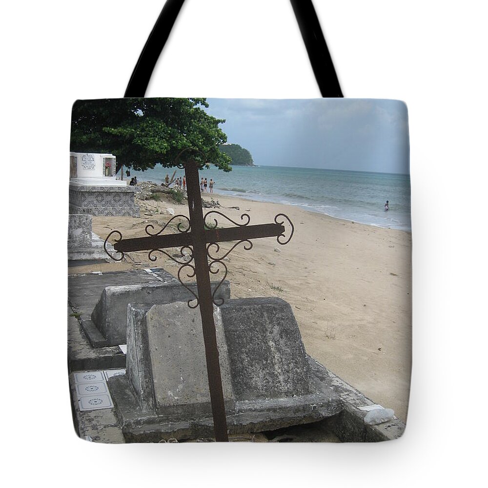 Caribbean Landscape Photographs Tote Bag featuring the pyrography A Cross To Bear by Robert Margetts