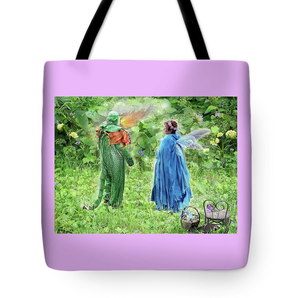 Fairy Tote Bag featuring the digital art A Dragon Confides in a Fairy by Lise Winne