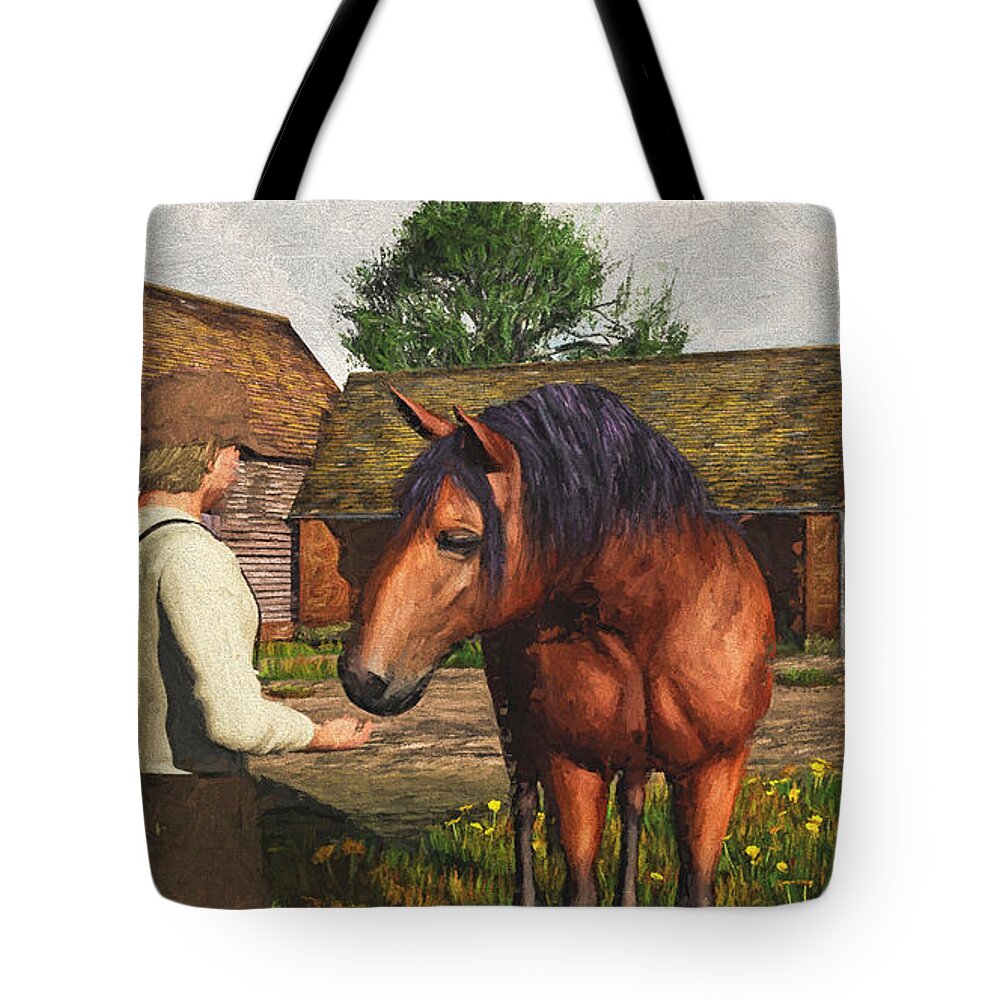 Farmer Tote Bag featuring the digital art A Farmer and His Horse by Jayne Wilson