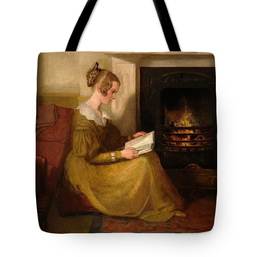 A Fireside Read Tote Bag featuring the painting A Fireside Read by William Mulready