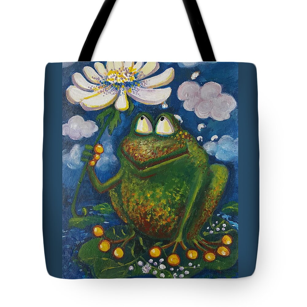 Frog Tote Bag featuring the painting Frog in the Rain by Rita Fetisov