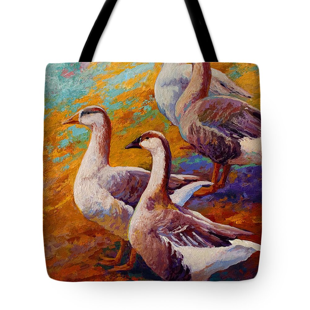 Geese Tote Bag featuring the painting A Gaggle Of Four by Marion Rose