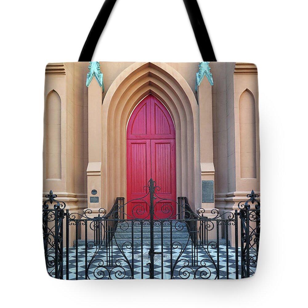 Church Tote Bag featuring the photograph A Gated Church Entrance by Dave Mills