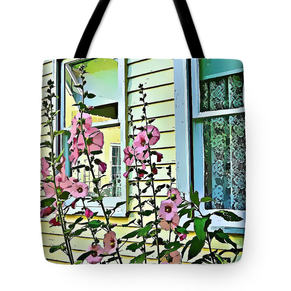 Holly Hocks Tote Bag featuring the digital art A Holly Hocks Morning by Mindy Newman