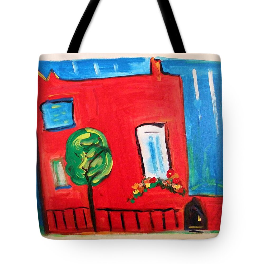 Red House Tote Bag featuring the painting A House with a Smile to Give by Mary Carol Williams