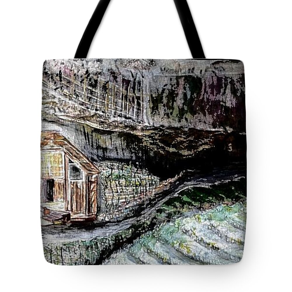 Landscape Tote Bag featuring the painting A hut in the valley by Subrata Bose