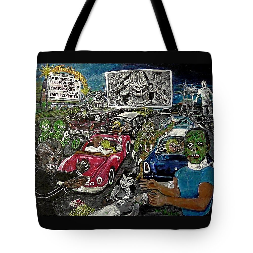 American International Pictures A.i.p. Drive-in Theater Tote Bag featuring the painting A I P Monster Movie Marathon At The Twilight Drive - In La Porte Indiana by Jonathan Morrill