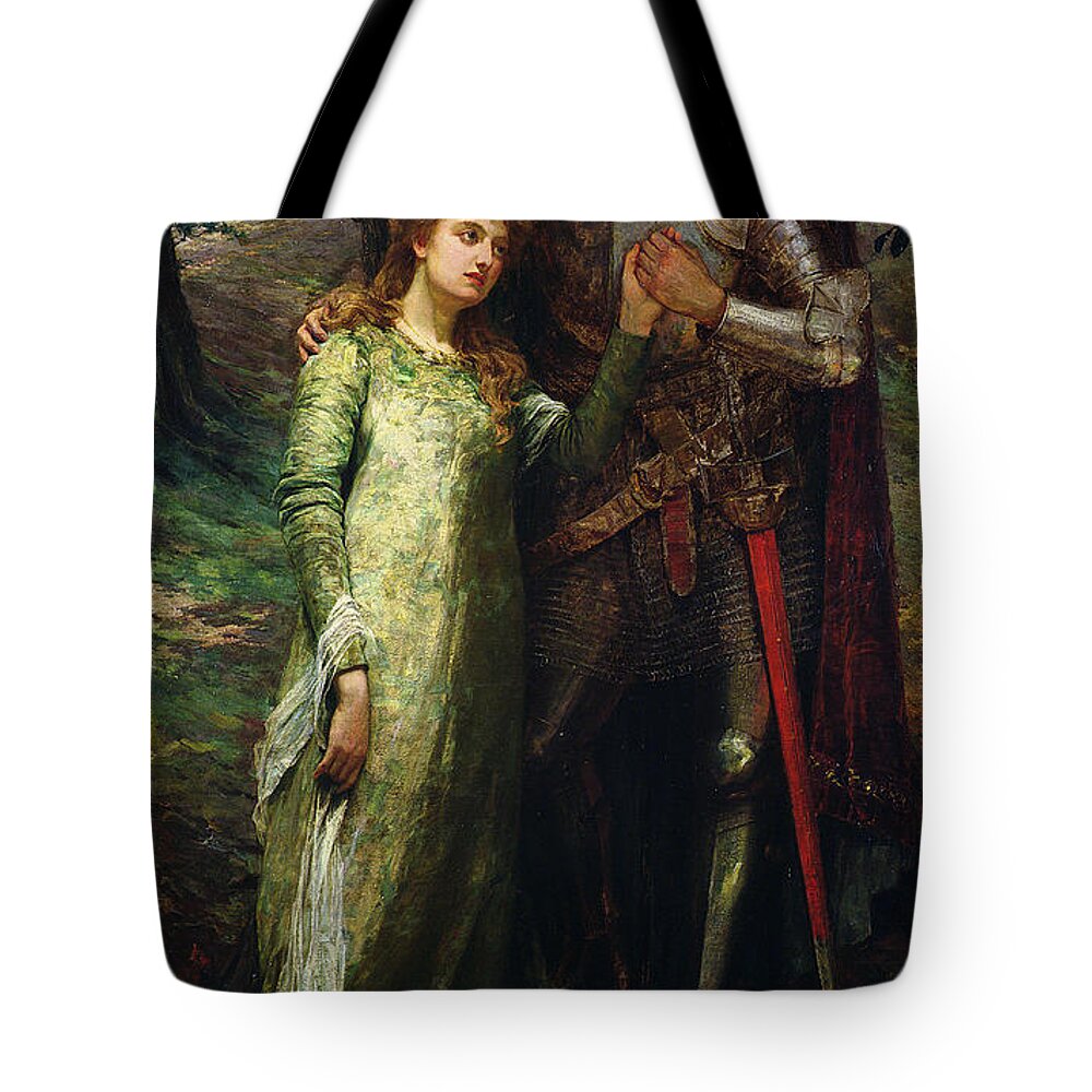 A Knight And His Lady Tote Bag featuring the painting A knight and his lady by William G Mackenzie