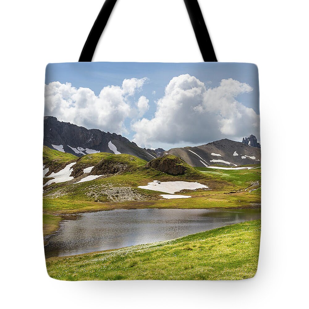 Mountain Landscape Tote Bag featuring the photograph A little lake in the Queyras - French Alps by Paul MAURICE