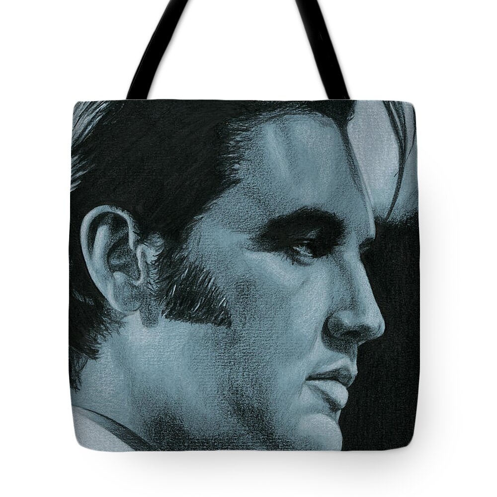 Elvis Tote Bag featuring the drawing A little less conversation by Rob De Vries
