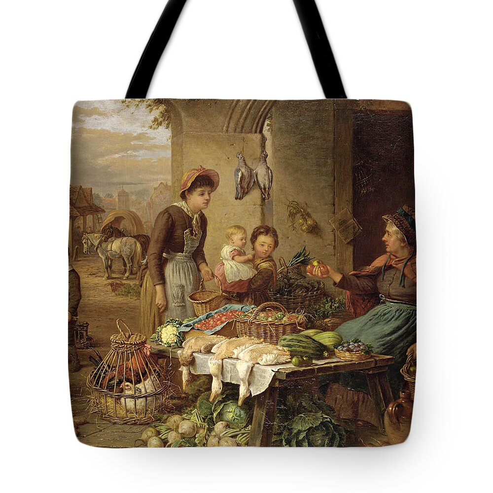 Henry Charles Bryant Tote Bag featuring the painting A Market Stall by Henry Charles Bryant