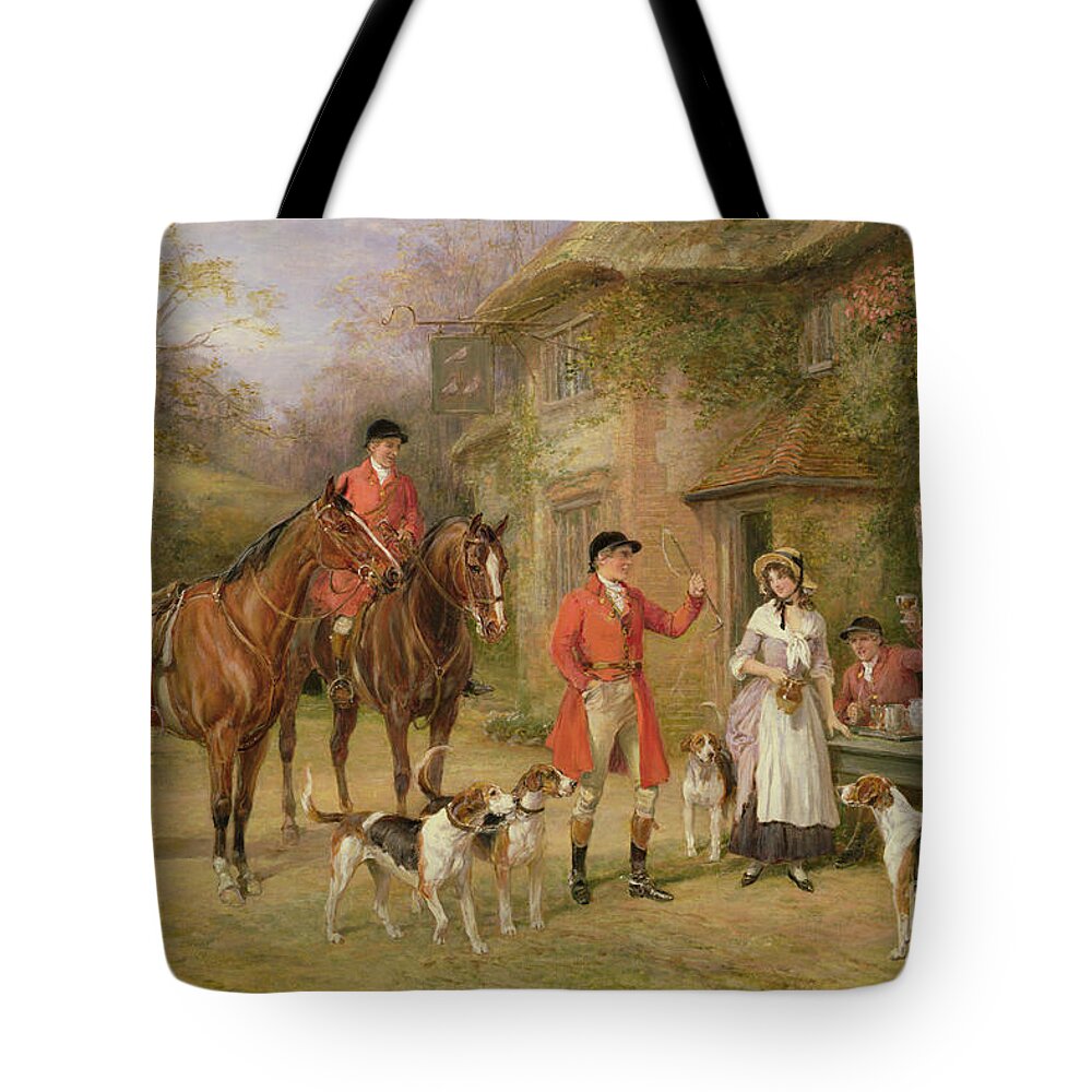 A Meeting At The Three Pigeons By Heywood Hardy Tote Bag featuring the painting A Meeting at the Three Pigeons by Heywood Hardy