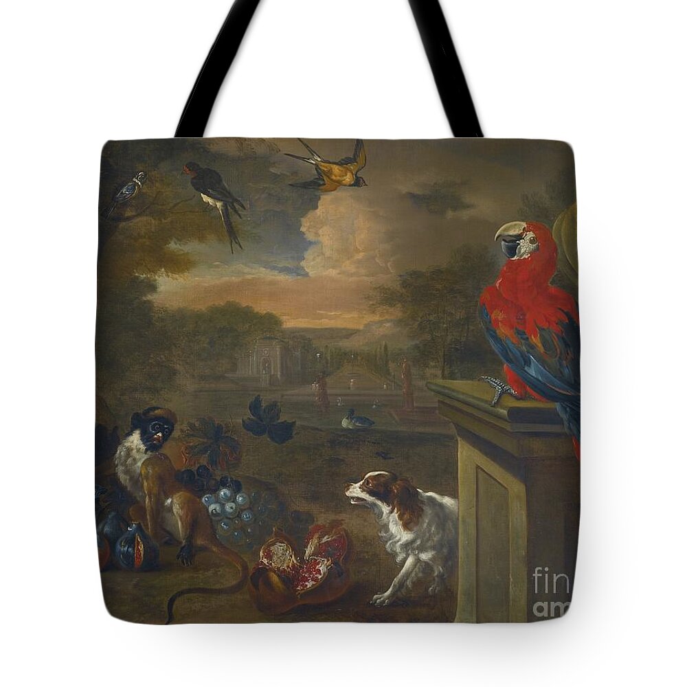 Follower Of Jakob Bogdany A Monkey A Spaniel Tote Bag featuring the painting A Monkey A Spaniel by MotionAge Designs
