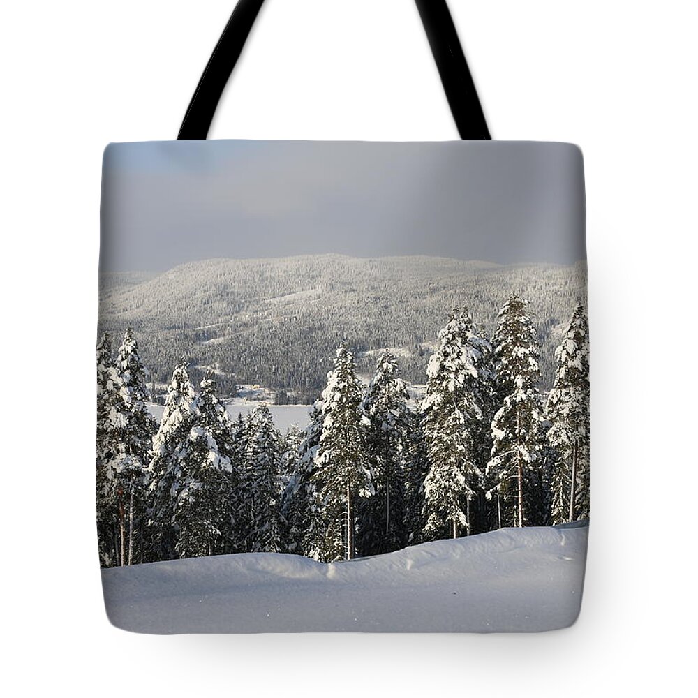 Valley Winter Snow Blue Sky Scandinavia Norway Europe Outdoors Nature Landscape Trees View Tote Bag featuring the digital art A Norwegian valley by Jeanette Rode Dybdahl