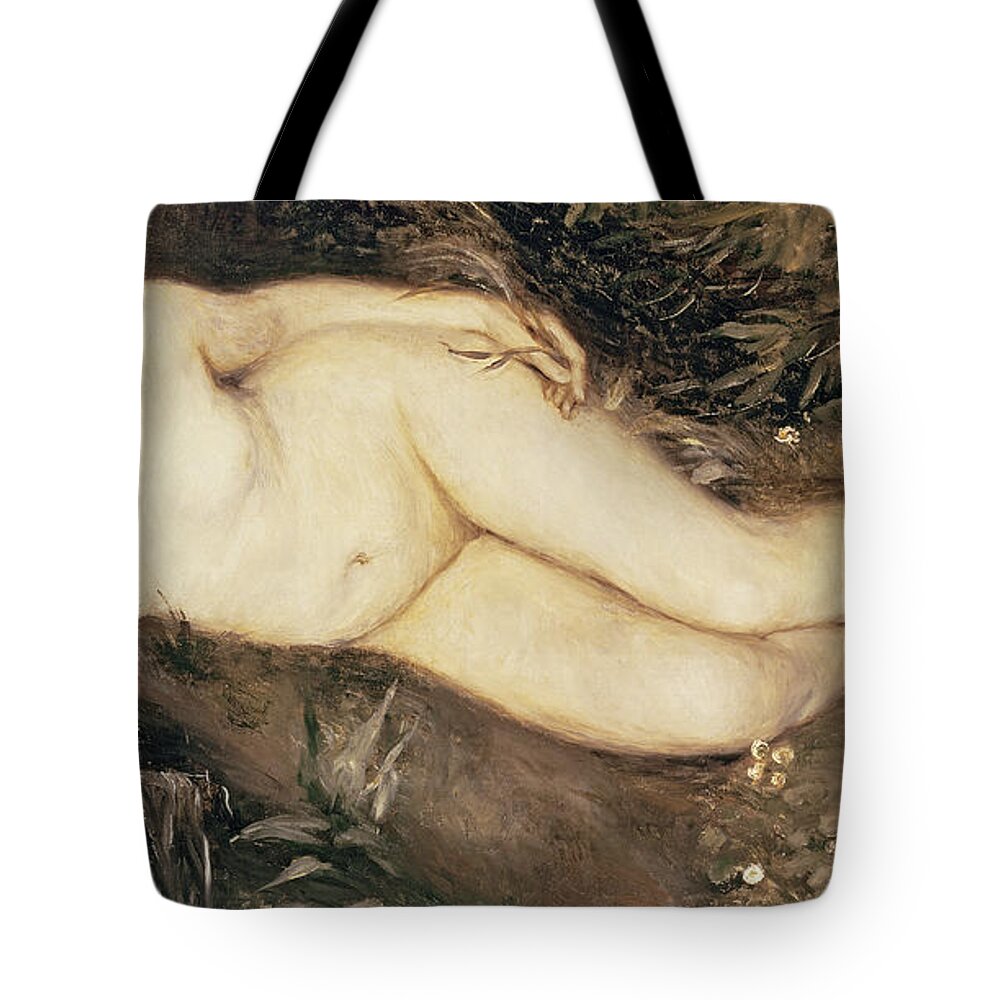 A Nymph By A Stream Tote Bag featuring the painting A Nymph by a Stream by Pierre Auguste Renoir 