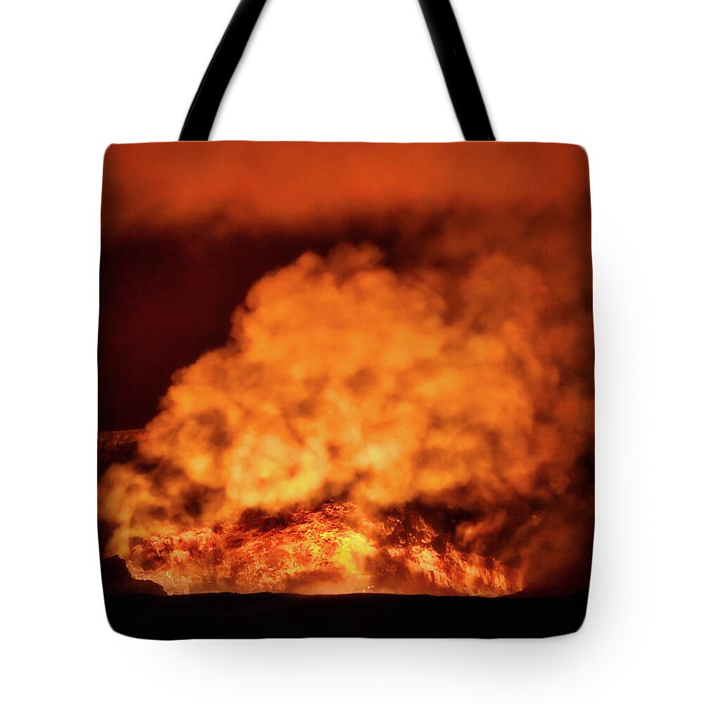 Halemaumau Crater Tote Bag featuring the photograph A Peek Inside Pele's Home by Susan Rissi Tregoning