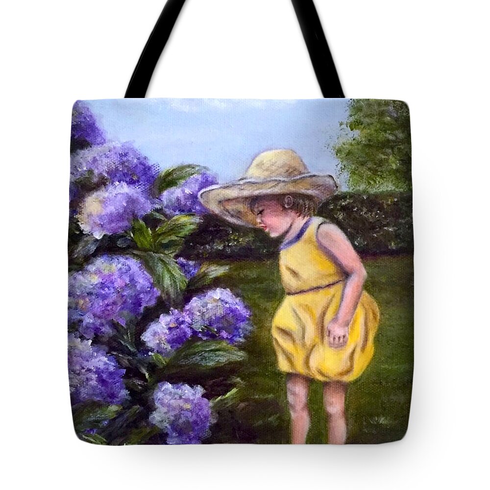 Hydrangeas And Child Canvas Print Tote Bag featuring the painting A Precious Moment by Dr Pat Gehr