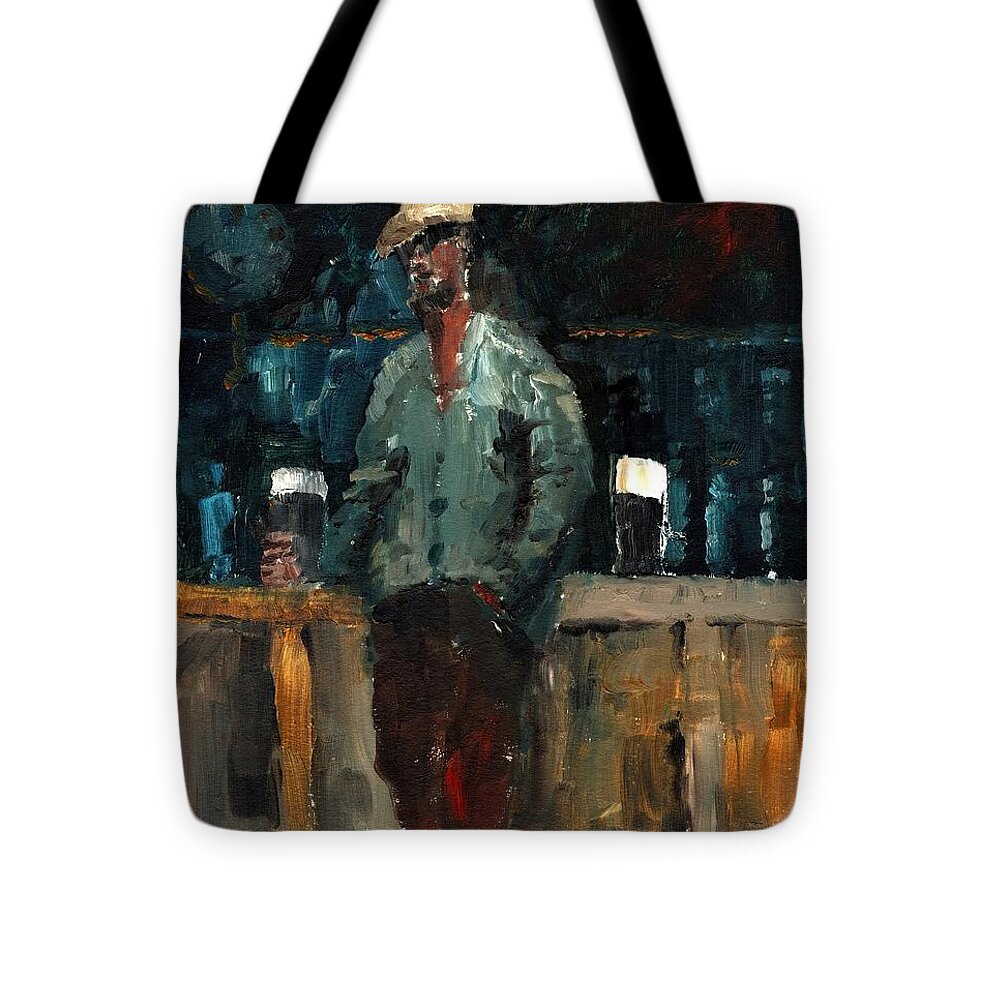 Ireland Tote Bag featuring the painting F 772 Holy Hour a pint and a spare. by Val Byrne