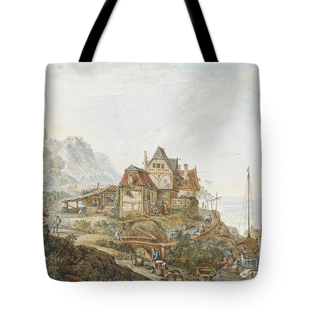 Jacob Van Strij (dordrecht 1756 - Dordrecht 1815) Tote Bag featuring the painting A Rhine Landscape with Peasants at Work by MotionAge Designs