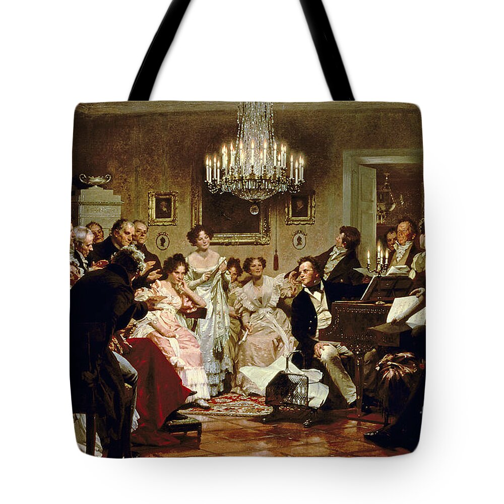 A Schubert Evening In A Vienna Salon By Julius Schmid (1854-1935) Tote Bag featuring the painting A Schubert Evening in a Vienna Salon by Julius Schmid