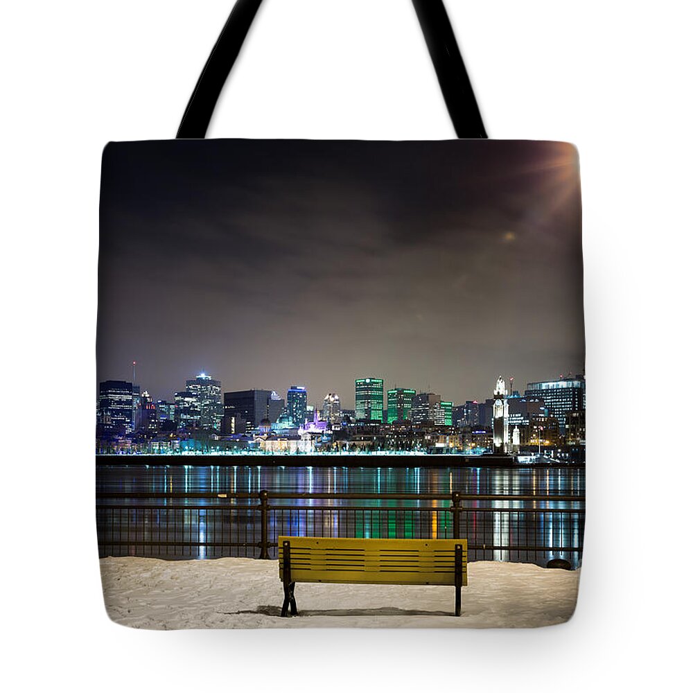 Montreal Tote Bag featuring the photograph A snowy night in Montreal by Jane Rix