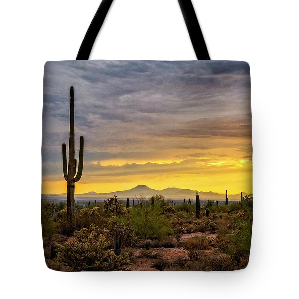 Saguaro Sunset Tote Bag featuring the photograph A Sonoran Summer Sunset by Saija Lehtonen