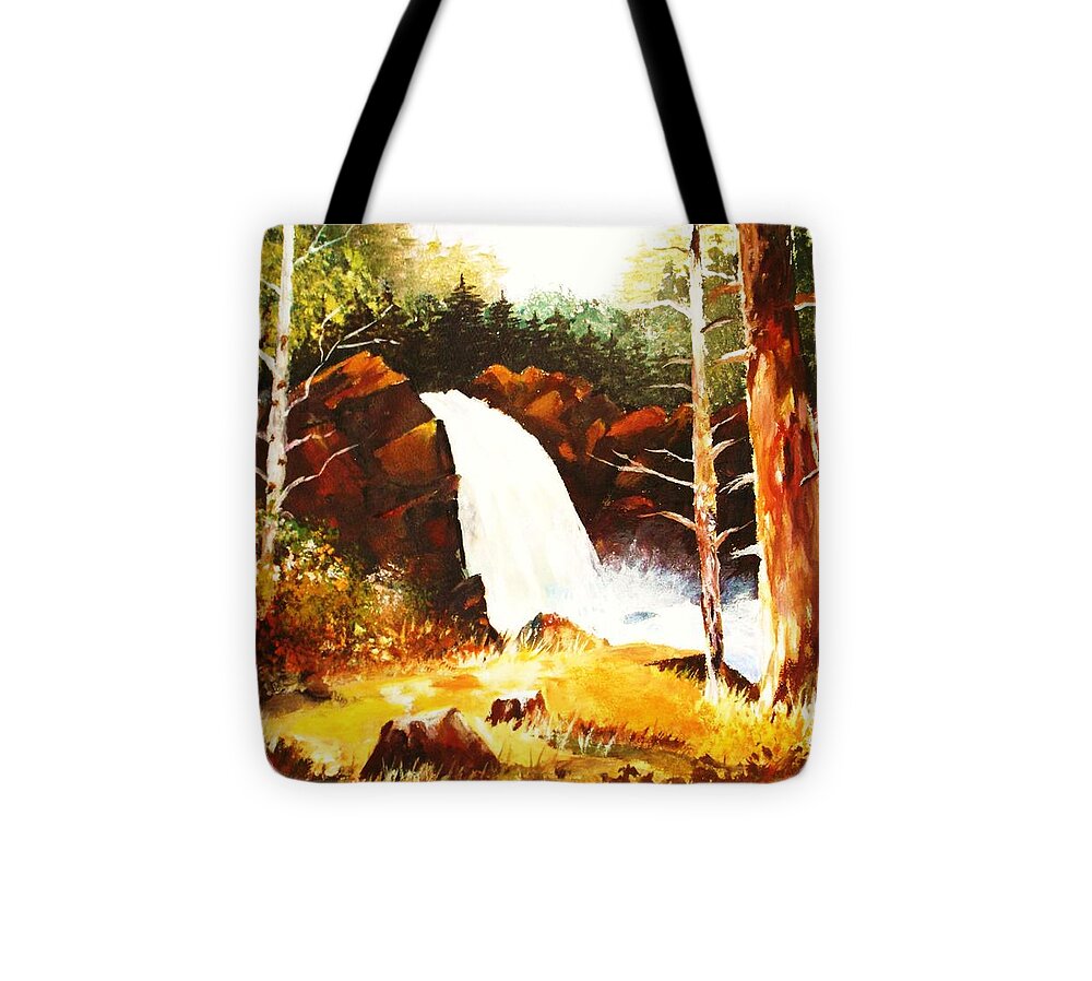 Waterfall. Trees Tote Bag featuring the painting A Spout in the Forest ll by Al Brown
