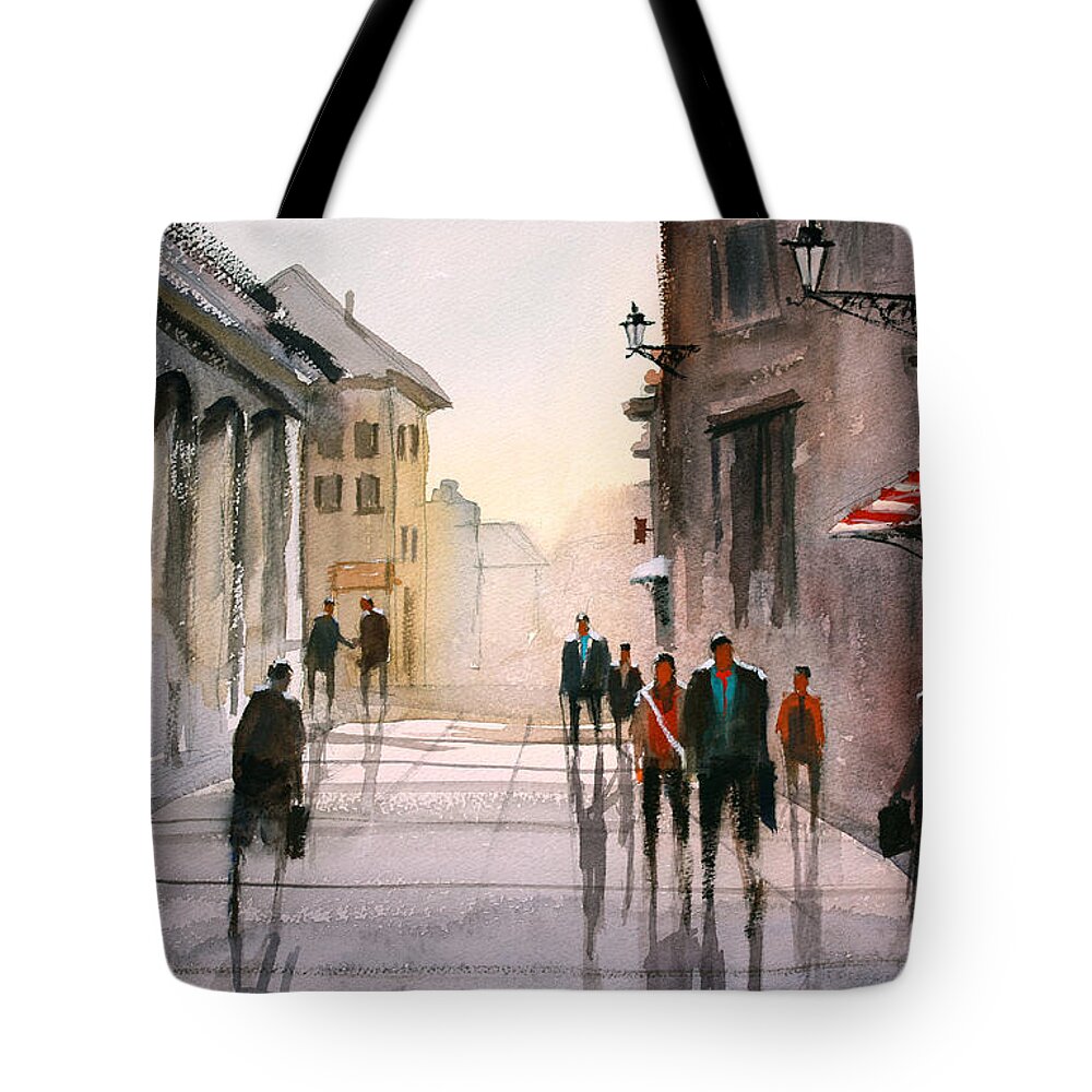 Cityscape Tote Bag featuring the painting A Stroll in Italy by Ryan Radke