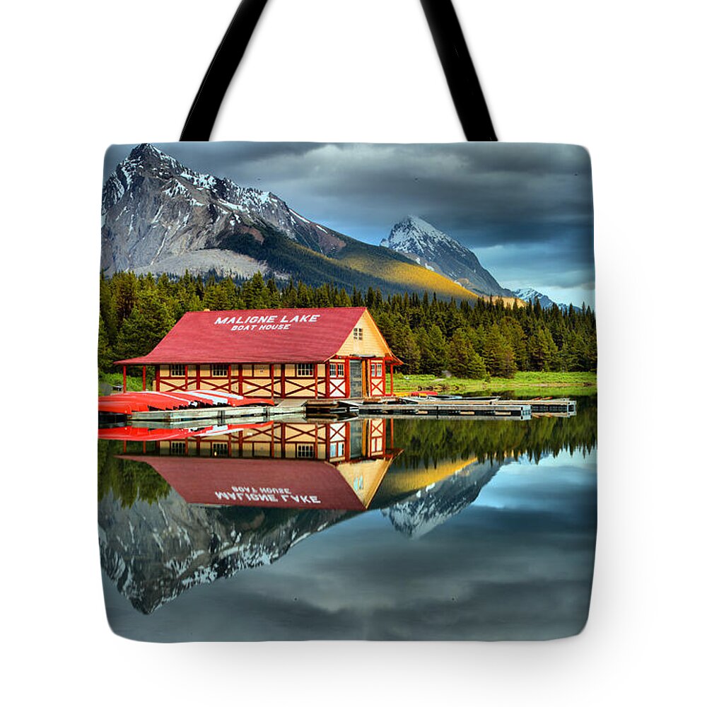 Maligne Lake Tote Bag featuring the photograph A Touch Of Sunset by Adam Jewell