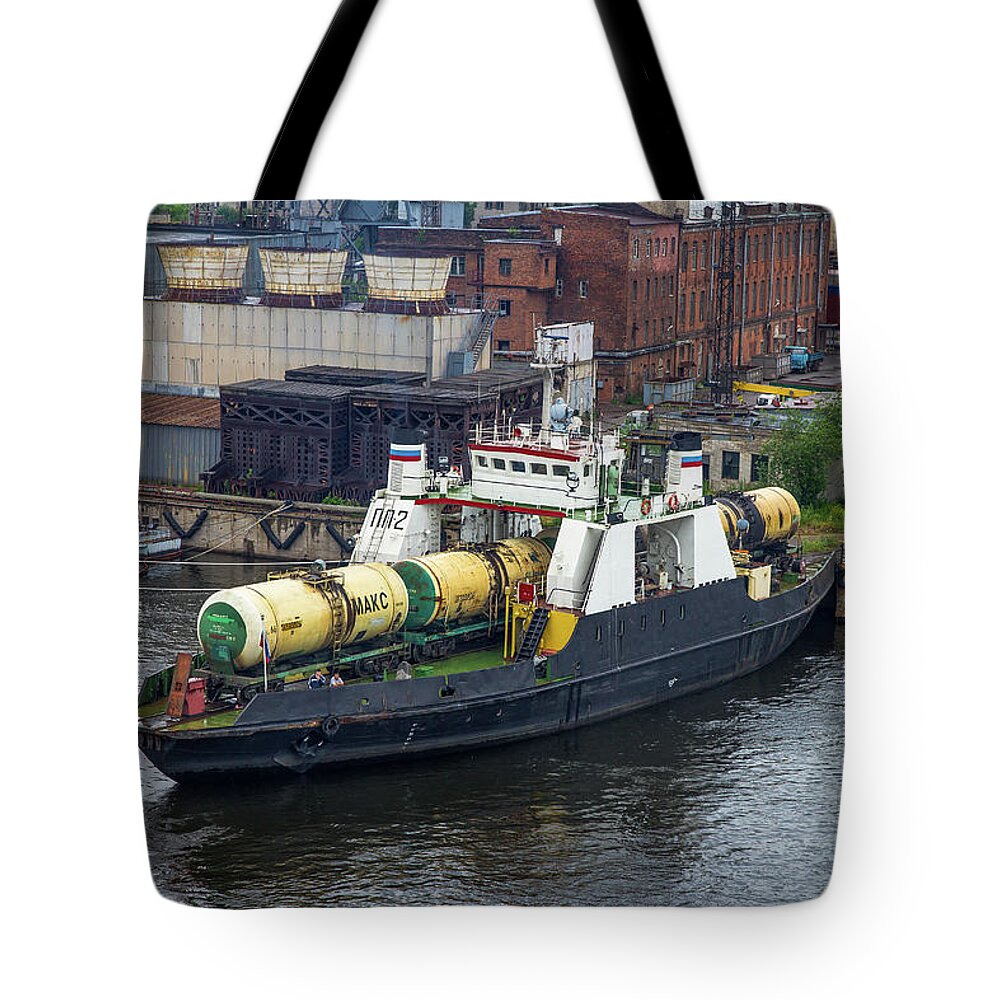 Clare Bambers Stokes Tote Bag featuring the photograph A Train Ferry in St Petersburg Carrying Freight by Clare Bambers