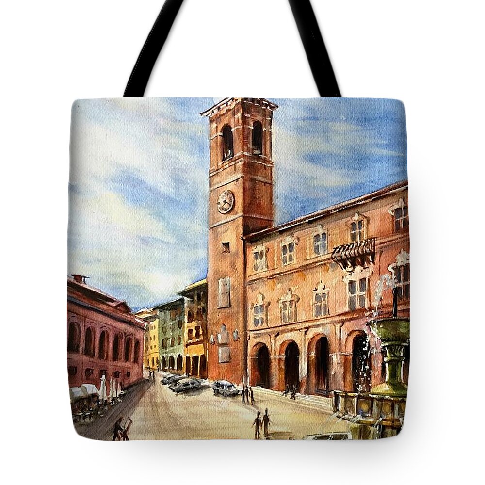 Town Tote Bag featuring the painting A view from Fabriano by Katerina Kovatcheva