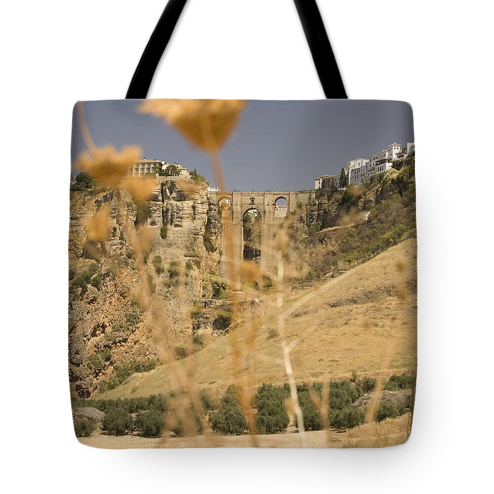 Tajo Tote Bag featuring the photograph A view of the Tajo de Ronda and Puente Nuevo bridge Serrania de Ronda Andalucia Spain by Mal Bray